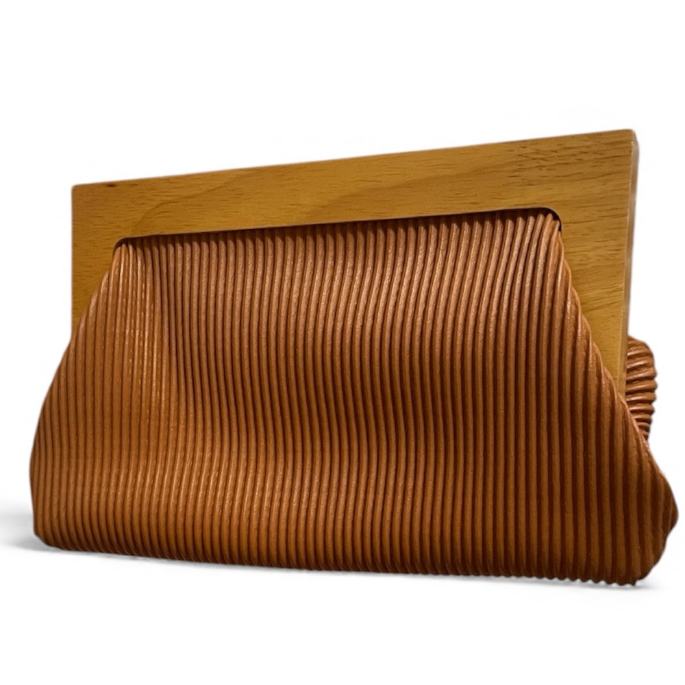 Caramel Clutch Bag Purse Wood Handles Magnetic Close